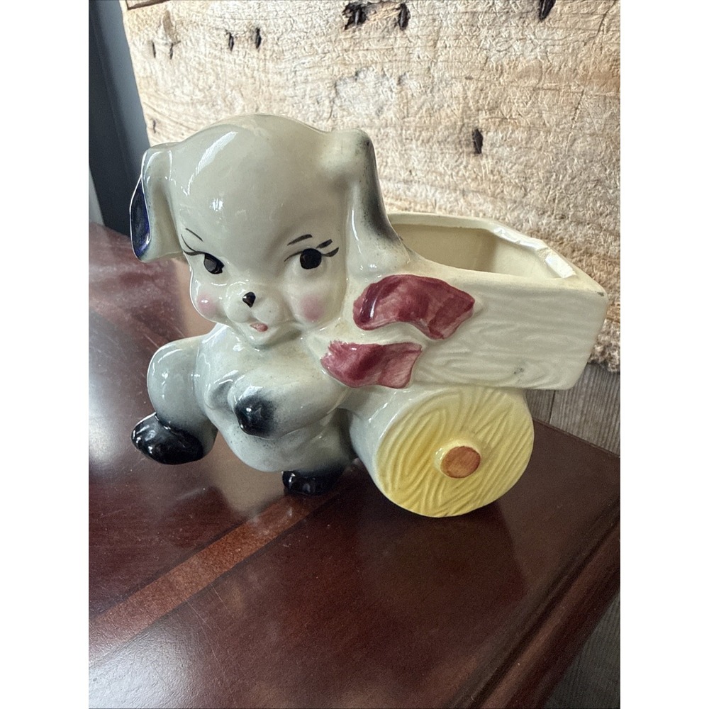 Vintage 1940-50s Puppy Dog Pulling Wagon Ceramic Pottery Planter‎